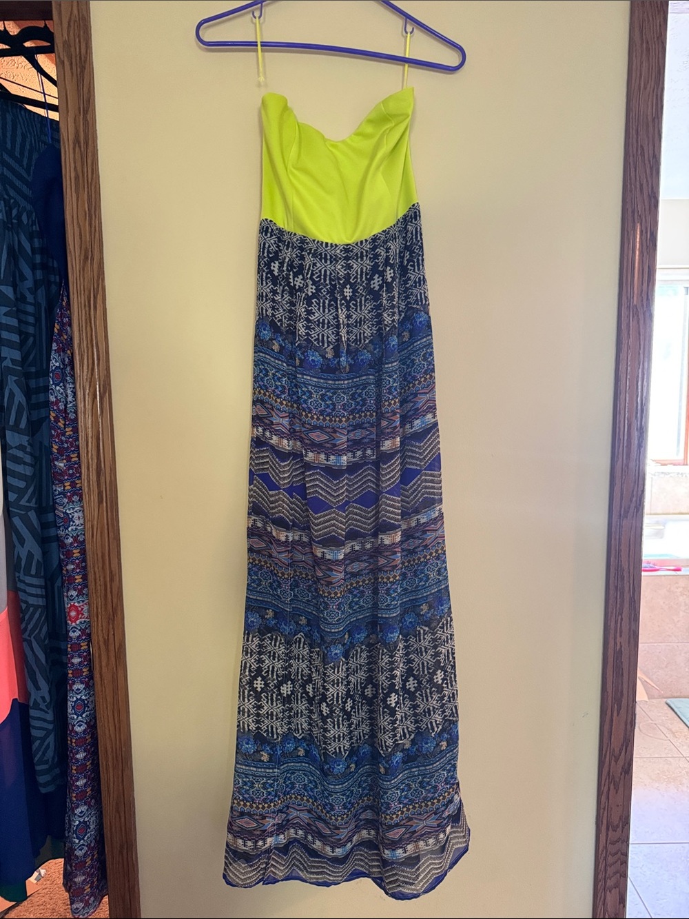 Jealous Tomato Strapless Maxi Dress in Neon Yellow and Multicolor Blue Pattern